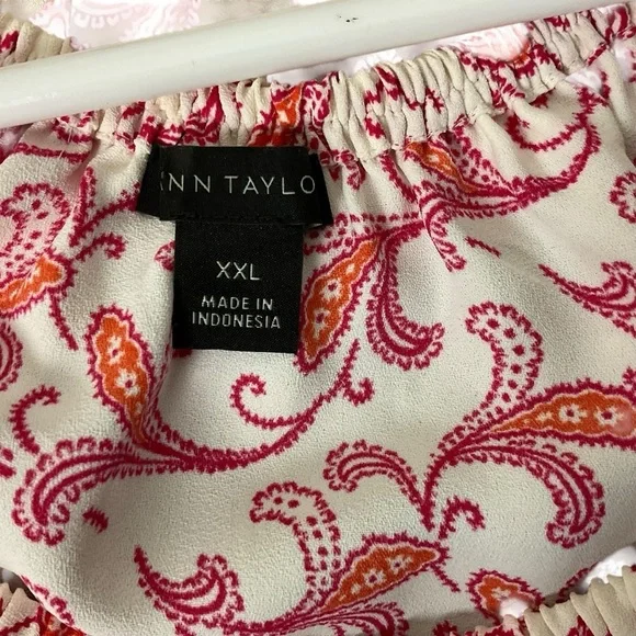 Ann Taylor XXL Ruffle Neck Paisley Blouse Pink Red Short Sleeve Top - Picture 6 of 9